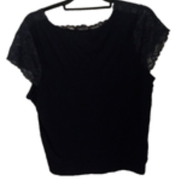 Women’s Plus Size Emma James Navy Top with Lace Neckline – Short Sleeve Blouse - Picture 1 of 2